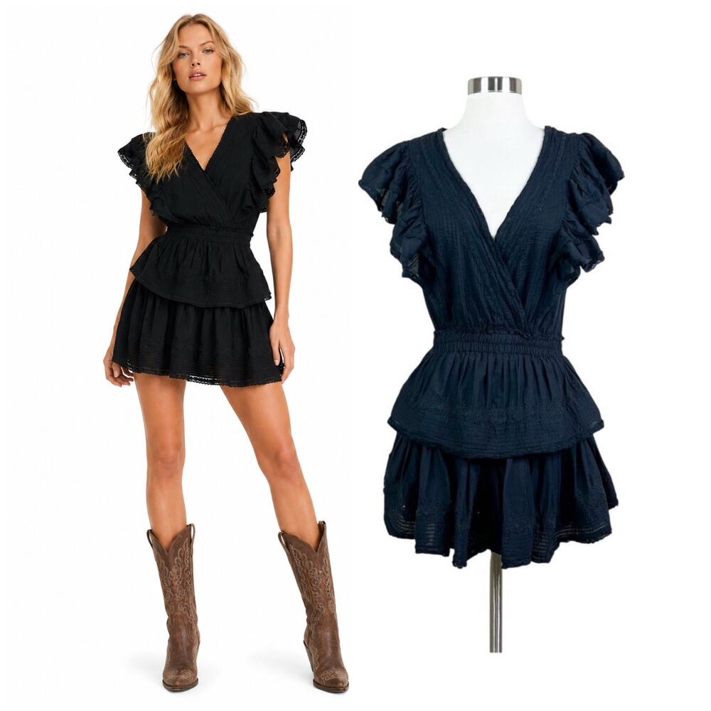 LoveShackFancy | Gwen Black Ruffle Cotton Lace Designer Coquette Mini Dress S